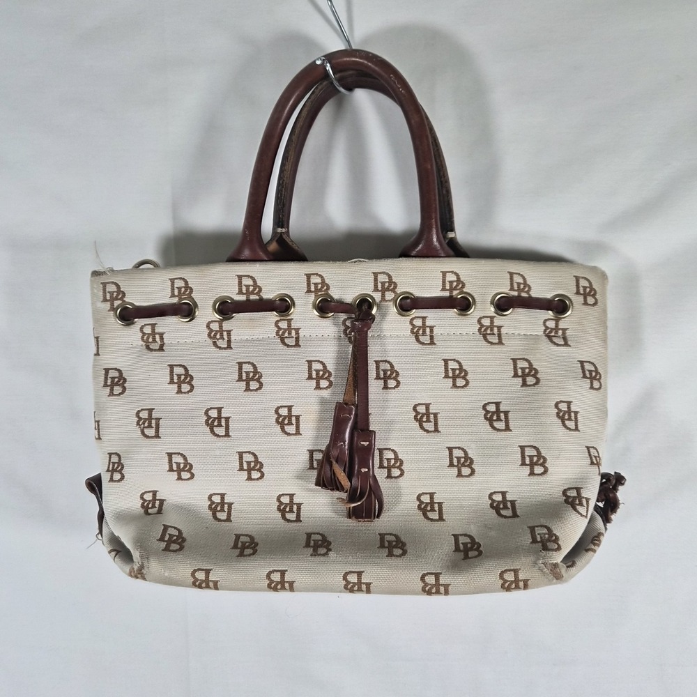 Dooney & Bourke Monogram Canvas Drawstring Tote Bag Made in USA Brown Cream